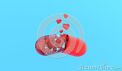 Love pill. Love tablet. Ð¡apsule with hearts is dissolved on blue background. 3D rendering. Stock Photo